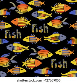 Nice cartoon fishes set. Vector seamless pattern.