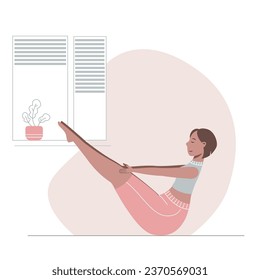 Nice cartoon girl doing yoga at home. Young woman in boat asana. Vector flat illustration.