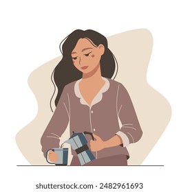 Niña de dibujos animados agradable en ropa de casa vierte café en una taza de una cafetera géiser. Ilustración vectorial en un estilo plano para avatar o red social. Retrato de mujer joven agradable en la rutina de la mañana.