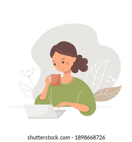 Nice cartoon girl works at a laptop and drinks tea. Cute young woman on abstract plants background.