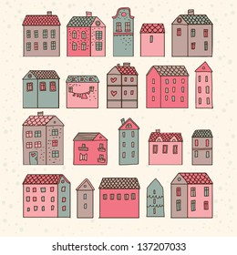 Nice cartoon houses in vector. Cute living set in pink colors