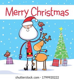 Nice cartoon illustration Christmas greeting card of Santa and friends in the snow.