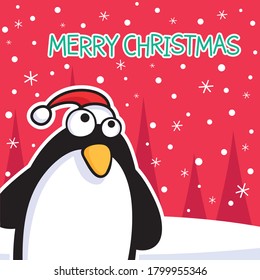 Nice cartoon illustration Christmas greeting card of a lovely penguin in the snow.