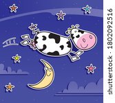 Nice cartoon illustration of a cow jumping over the moon.