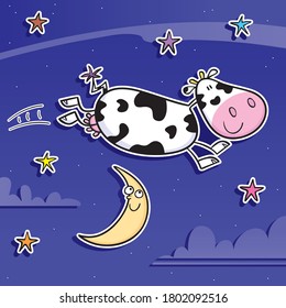Nice cartoon illustration cow jumping over the moon 