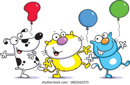 Nice cartoon illustration of a dog and two cats with party balloons.