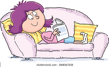 Nice Cartoon Illustration Of A Girl Reading On The Couch.