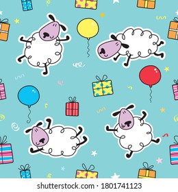 Nice cartoon illustration seamless pattern with sheep, presents and balloons.