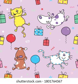 Nice cartoon illustration seamless pattern with dogs, cats, presents and balloons.