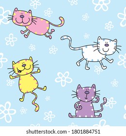 Bonita ilustración de dibujos animados sin fisuras con gatos y formas florales.