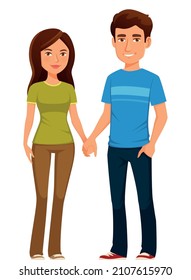 nice cartoon illustration of a young happy couple in love, holding hands. Smiling woman and man, boyfriend and girlfriend or married couple. Cartoon character, isolated.