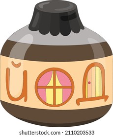 Nice cartoon jar or bottle of iodine that looks like a small house. The Russian word Iodine is written on the label. Picture for the development of imagination. Hand drawn vector illustration