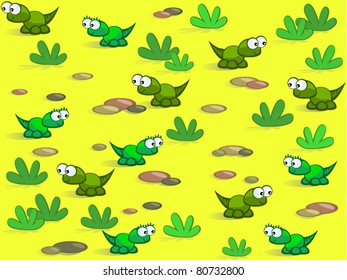 The nice cartoon lizards on background of sand and stones.