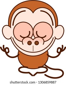 Nice cartoon monkey with brown fur and long tail performing a placid meditation in seated position. It's happily smiling while doing a Gyan mudra sign with both hands