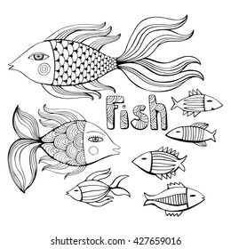 Nice cartoon monochrome fishes set. Vector image.