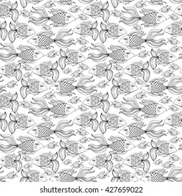 Nice cartoon monochrome fishes set. Vector seamless pattern.