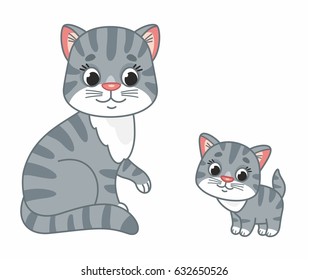 Nice cartoon mother cat with her cute kitty. Vector illustration.