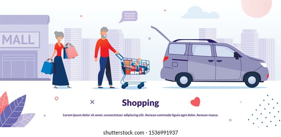 Nice Cartoon Old Senior Married Couple Characters Shopping in Supermarket Poster. Aged Man Carrying Trolley Cart and Woman Holding Handbag with Groceries from Store. Vector Flat Illustration