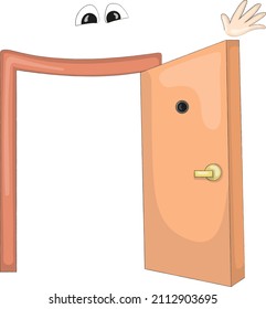 Nice cartoon open door that looks like a kind funny friendly and welcoming character. Fairy-tale toy house. Hand drawn vector illustration. Children's picture for the development of imagination.