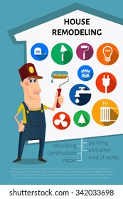 Nice cartoon painter character. and set of icons. House remodel theme.
