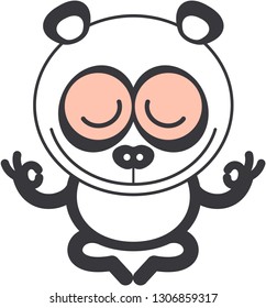 Nice cartoon panda bear with rounded ears and black rings around eyes performing a peaceful meditation in seated position. It's placidly smiling while doing a Gyan mudra sign with both hands