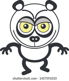 Nice cartoon panda bear with rounded ears and black rings around eyes while walking, frowning, smiling mischievously and showing a naughty mood