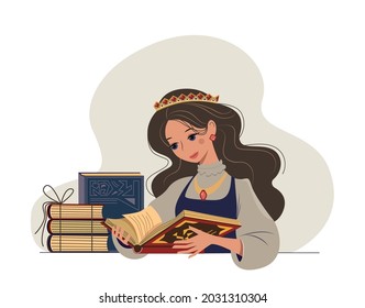 Nice cartoon princess in a crown reading vintage book. A beautiful girl with a long hairs. Fairytale child character.