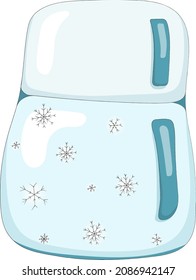 Nice cartoon refrigerator which is decorated with snowflakes. An electrical device for a fairy-tale character or doll. Toy kitchen. Hand drawn vector illustration