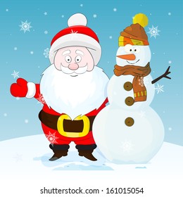 Nice cartoon Santa with snowman - are the best friends