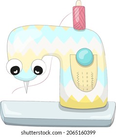 Nice cartoon sewing machine that looks like a kind character or bird. Picture for the development of imagination. Hand drawn vector illustration