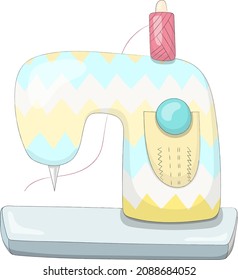 Nice cartoon sewing machine with very cute delicate colors for a fairy-tale character or doll. Baby picture. Doll toy house. Hand drawn vector illustration