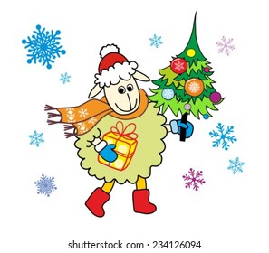 The nice cartoon sheep with a christmas tree.Christmas vector illustration 