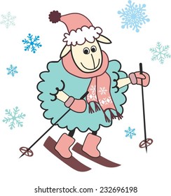 The nice cartoon sheep in a hat and a scarf walks on skis.Christmas or winter vector illustration 