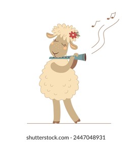 Nice cartoon sheep plays the flute. Cute kids animal character isolated on a white background. Little musician plays a melody.