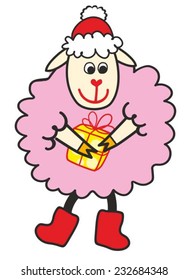 nice cartoon sheep in a warm hat and a scarf with gift. Christmas vector illustration 
