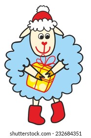 nice cartoon sheep in a warm hat and a scarf with gift. Christmas vector illustration 