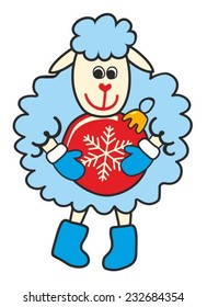 nice cartoon sheep in a warm hat and a scarf with gift. Christmas vector illustration 