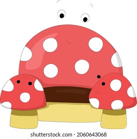 Nice cartoon sofa made of amanita mushrooms in the form of a kind character. Picture for the development of imagination. Hand drawn vector illustration