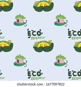 Nice cartoon vector environmentally seamless pattern. Eco friendly house under green leaves and spirit of forest. Natural design for packaging material, wallpaper, backgrounds, invitations and flyers.