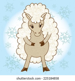 Nice cartoon vector sheep on blue background with snowflakes. Childish illustration.