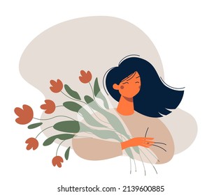 Nice cartoon young woman with a bouquet of flowers.