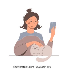Nice cartoon young woman watching phone and petting her pleased funny cat. Cozy vector flat illustration.