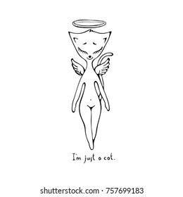 A nice cat with angel wings and an inscription. Vector image isolated on white.