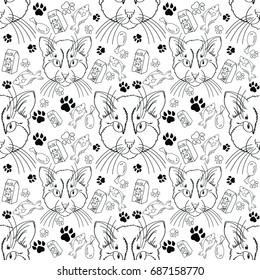 Nice cat with food vector seamless pattern