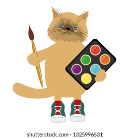 nice cat with paints on white background 