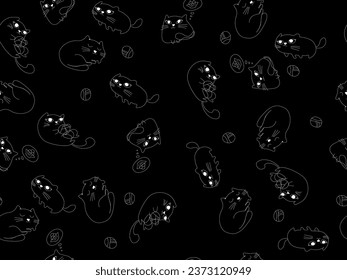 Nice cat pattern on black background. Cute seamless pattern of domestic cats on a black background. Vector graphics. Illustration with kitty