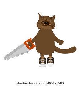 nice cat with saw on white backgound 