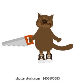nice cat with saw on white backgound 