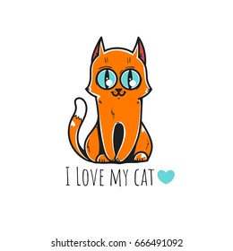 Nice Cat. Vector graphic illustration with original character. Ginger kitten with blue eyes. It can be used for printing on t-shirts, postcards, or used as ideas for tattoos.