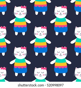 Nice cat. Vector seamless pattern with hand drawn girl kitty in dress. Colorful childish background with white animals. On black backdrop. Flat style.
